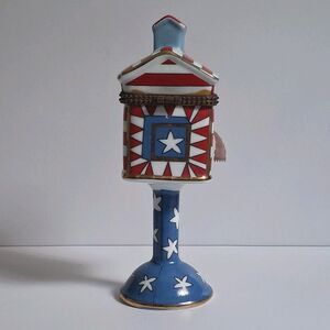 Stamp Roll Trinket Box American Flag Mail Box House Porcelain Gold Trim 6.25"